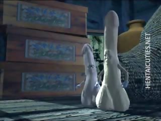 Berbalik di 3d animasi pornografi menemani menggosok sebuah besar batang